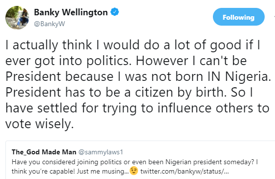 "Je ne peux pas être président du Nigeria", déclare Banky W. 1