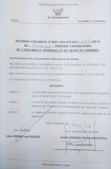 RDC : le président Kabila s’exprimera jeudi devant le Parlement 1