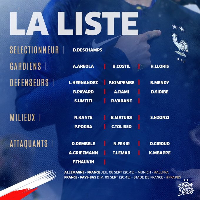OFFICIEL : Didier Deschamps dévoile sa liste pour affronter l'Allemagne et les Pays Bas 1 OFFICIEL : Didier Deschamps dévoile sa liste pour affronter l'Allemagne et les Pays Bas 1