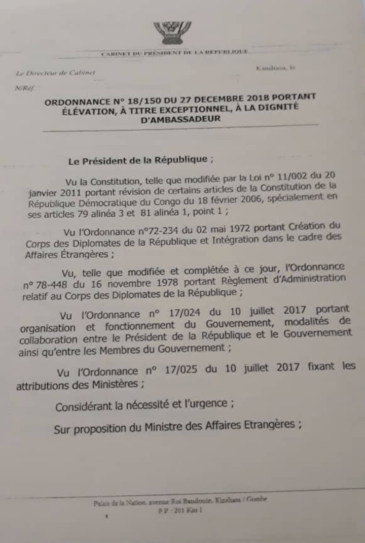 RDC: Les 26 ambassadeurs nommés par Kabila avant de dire au-revoir 1 RDC: Les 26 ambassadeurs nommés par Kabila avant de dire au-revoir 1