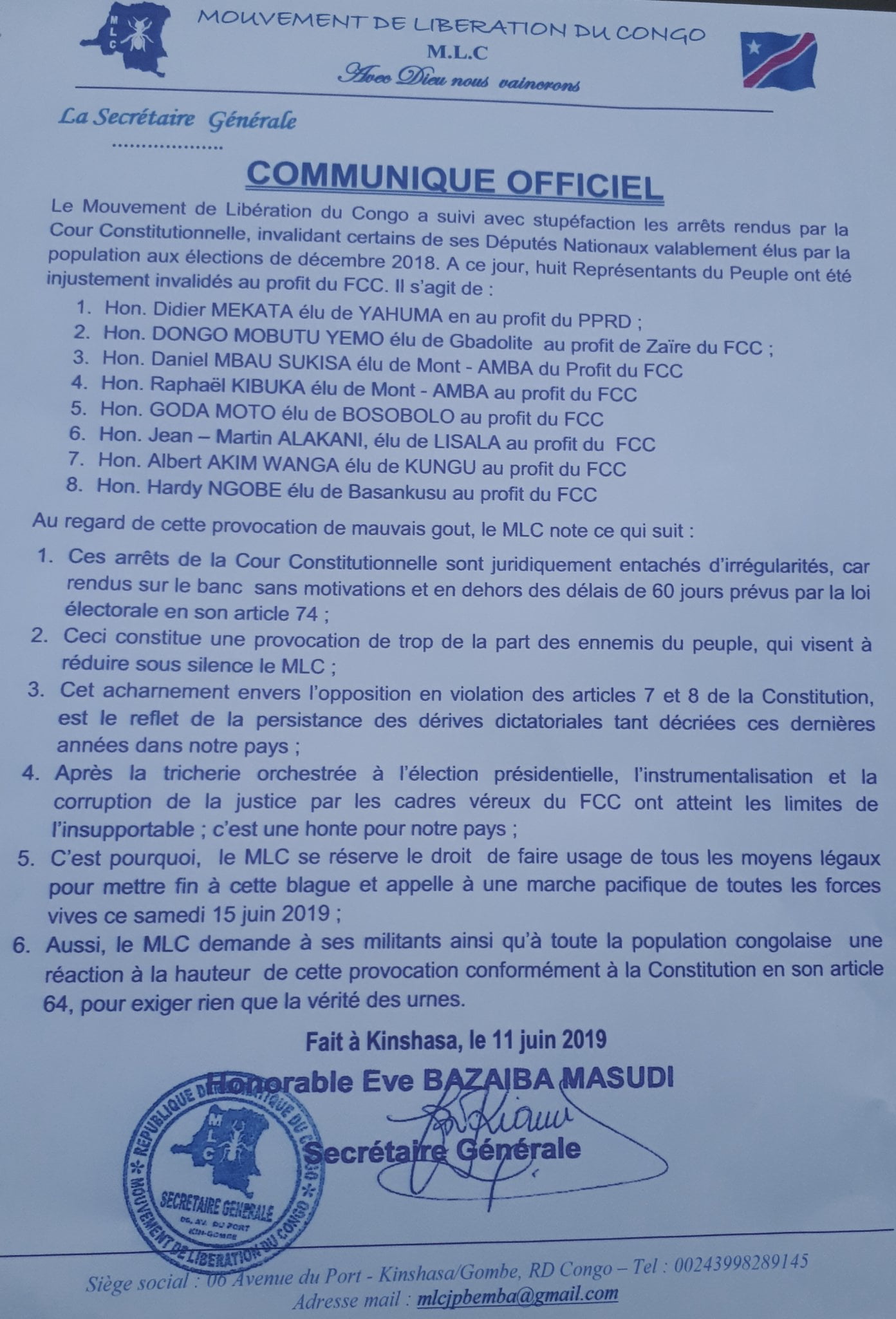 RDC: le MLC appelle à une marche pacifique pour protester contre l'invalidation de ses élus 1